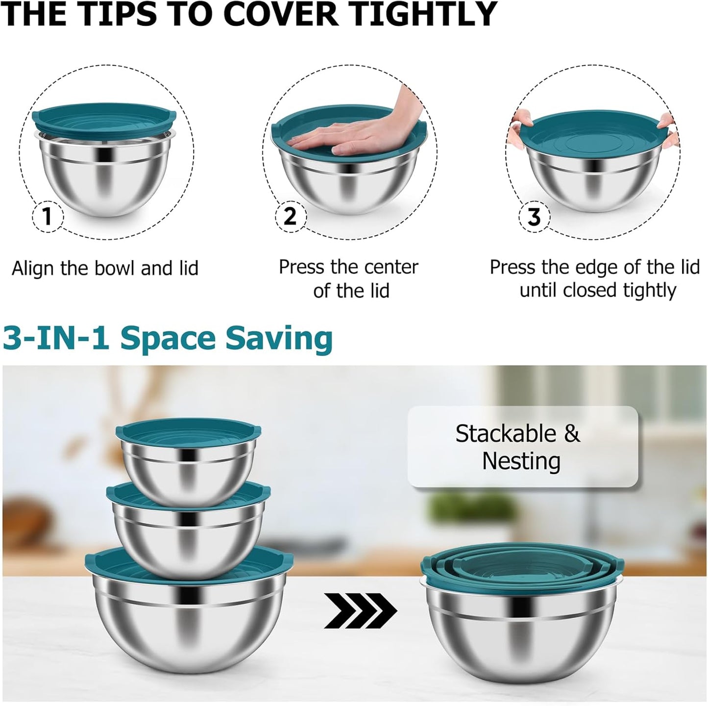 TeamFar Mixing Bowls, Stainless Steel Nesting Salad Bowls with Airtight Lids Set, For Serving/Mixing/Storing, Healthy & Heavy-duty, Dishwasher Safe & Easy Clean, 4.6/3 / 1.5 QT, Navy Blue