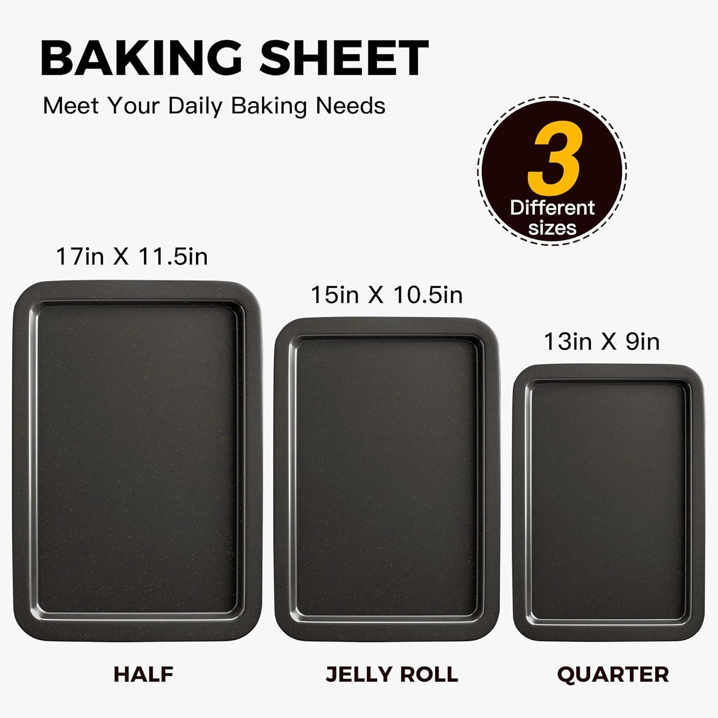 HONGBAKE Ceramic Baking Sheet Pan Set, Cookie Sheet for Oven, Bakeware Sets with Wider Grips, 3 Pack Half/Jelly Roll/Quarter Baking Tray, Premium, Dishwasher Safe - Dark Grey