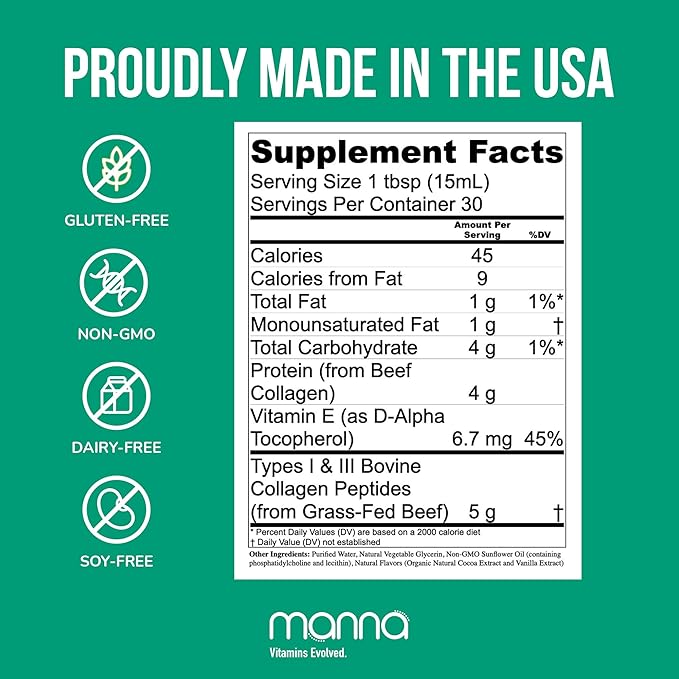 Manna Vitamins Evolved Liposomal Collagen Peptides Liquid, 5000mg High Absorption Grass-Fed Type I, III Collagen for Skin, Hair, Nails, Joints – Hydrolyzed Collagen Supplement, Non-GMO, 16oz (Unisex)