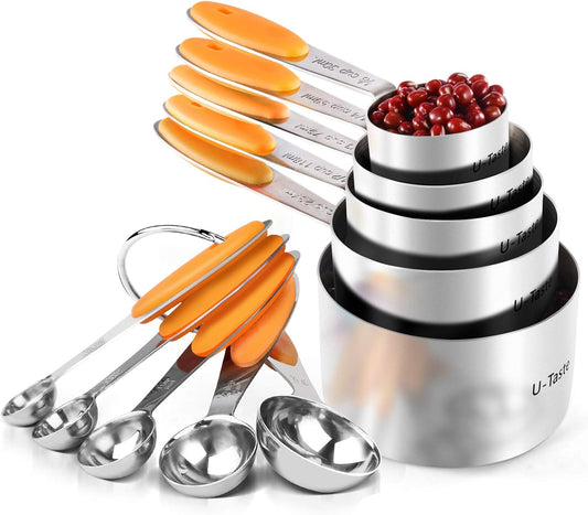 Measuring Cups : U-Taste 18/8 Stainless Steel Measuring Cups and Spoons Set of 10 Piece, Upgraded Thickness Handle(Orange)