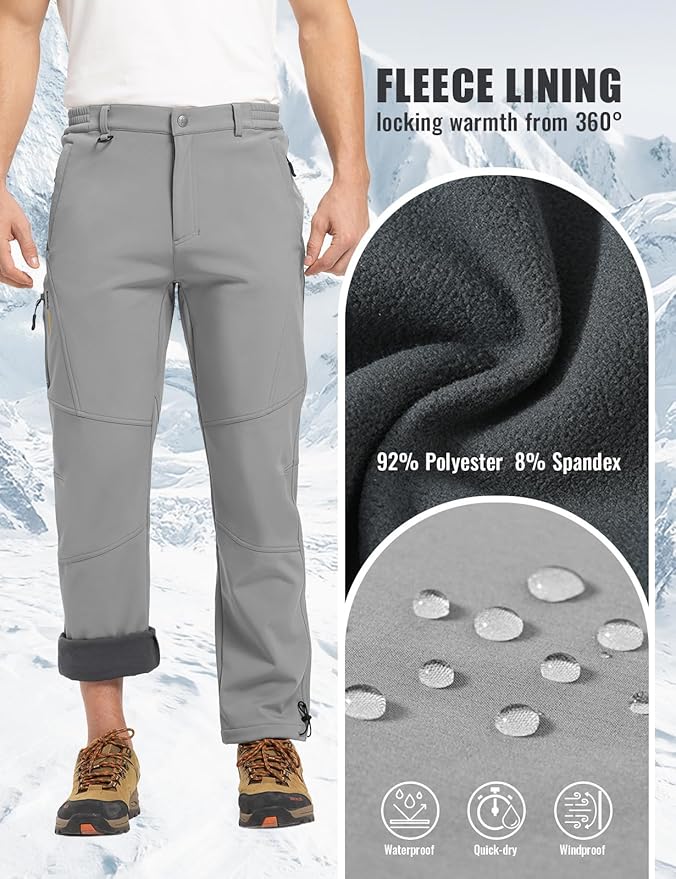 Rdruko Men's Snow Pants Waterproof Insulated Winter Hiking Pants Snowboard Fleece Lined Softshell Ski Pants