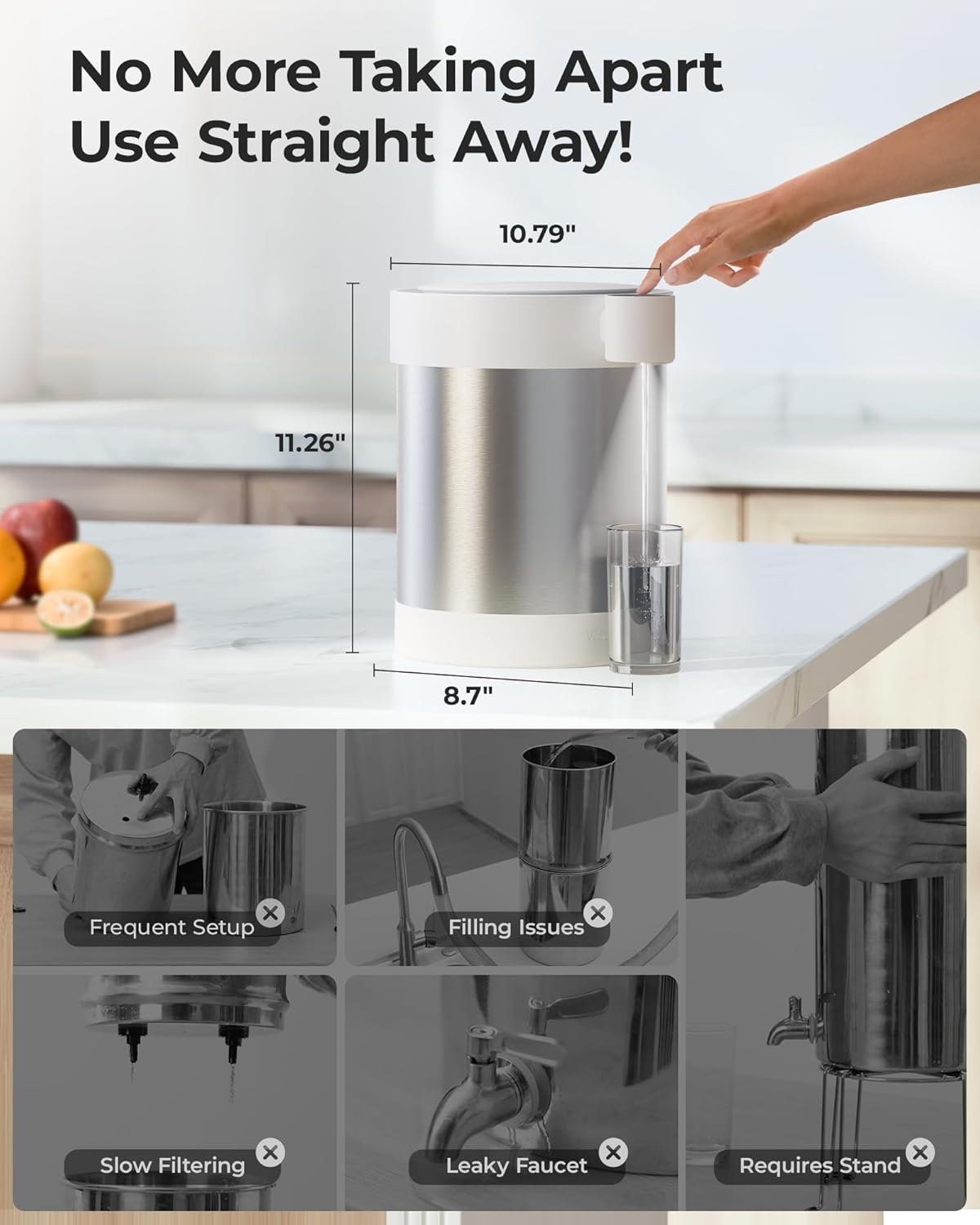 Waterdrop Rechargeable Non-Gravity Water Filter System with LED Function, Reduces 70+ Contaminants, Lead, Chlorine, 5-Stage Stainless Steel Filtration System, 22-Cup Water System, with 1 Filter