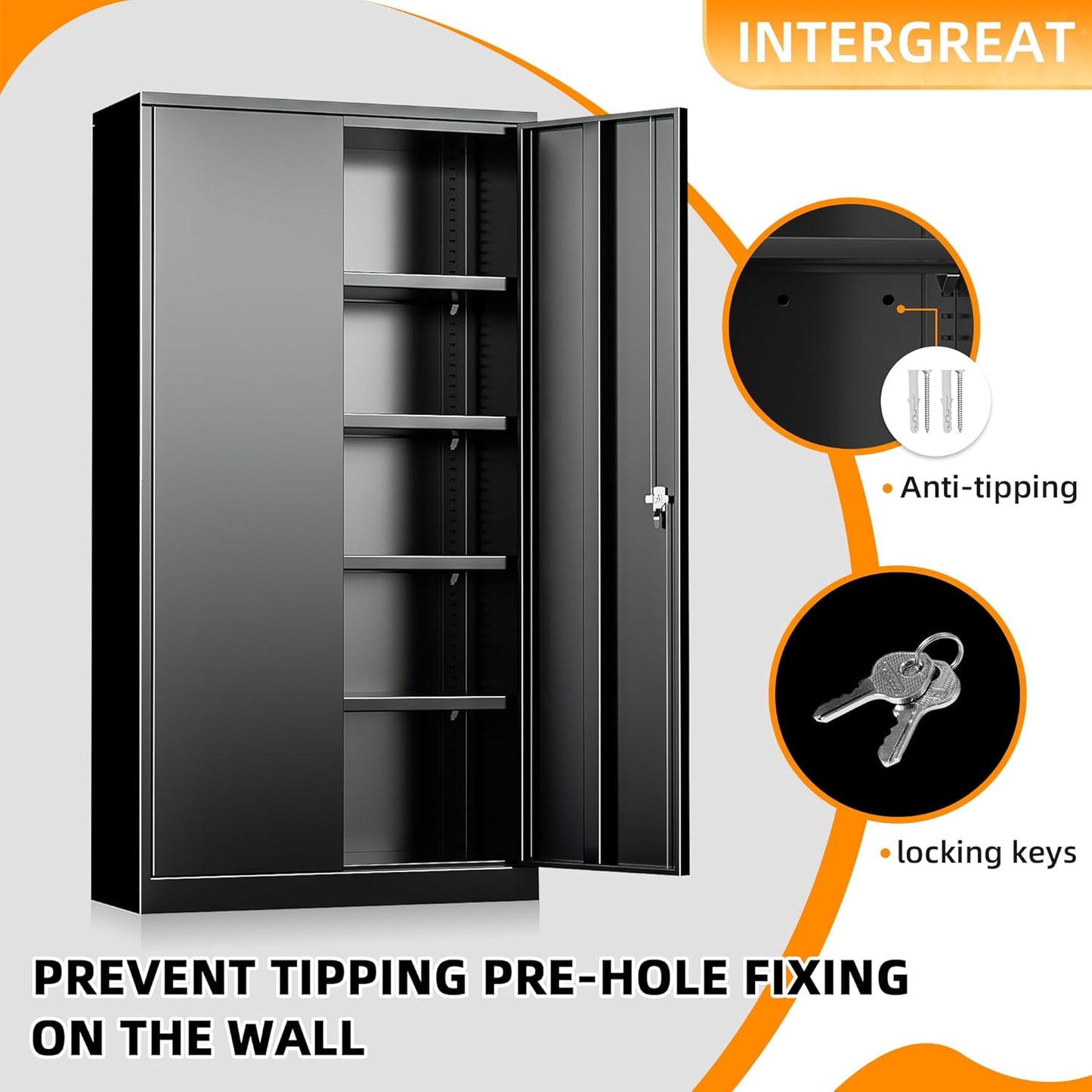 INTERGREAT Metal Storage Cabinets 72” Black Garage Steel Storage Cabinet with Doors and Shelves, Metal Tool Cabinet, Steel File Cabinet for Home Office, Basement, Warehouse, Classroom（Anti Tipping）