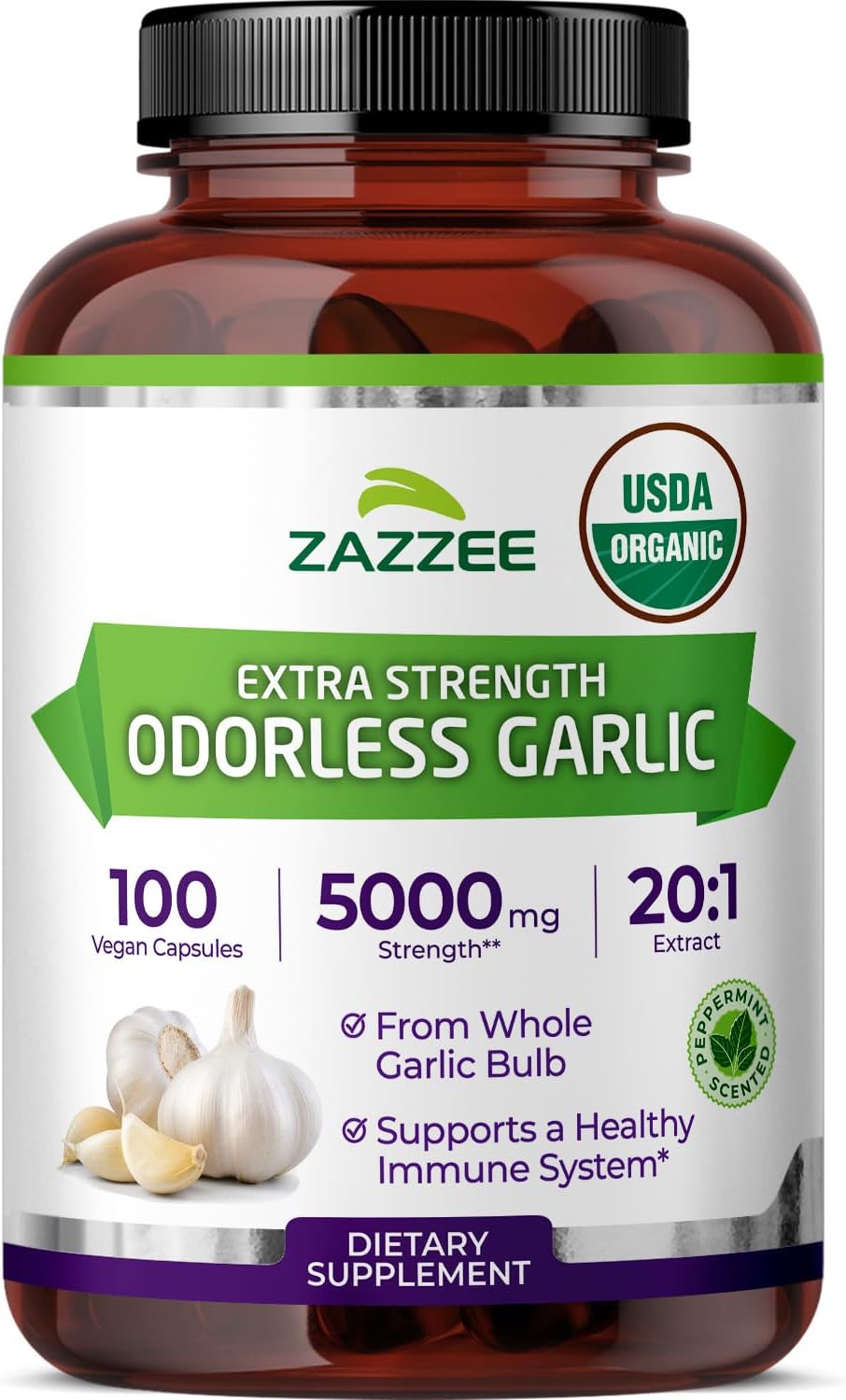 Zazzee USDA Organic Odorless Garlic 20:1 Extract, 5000 mg Strength, 100 Vegan Capsules, 3+ Month Supply, Standardized, Concentrated 20X Extract, 100% Vegetarian, All-Natural, Non-GMO, Made in The USA