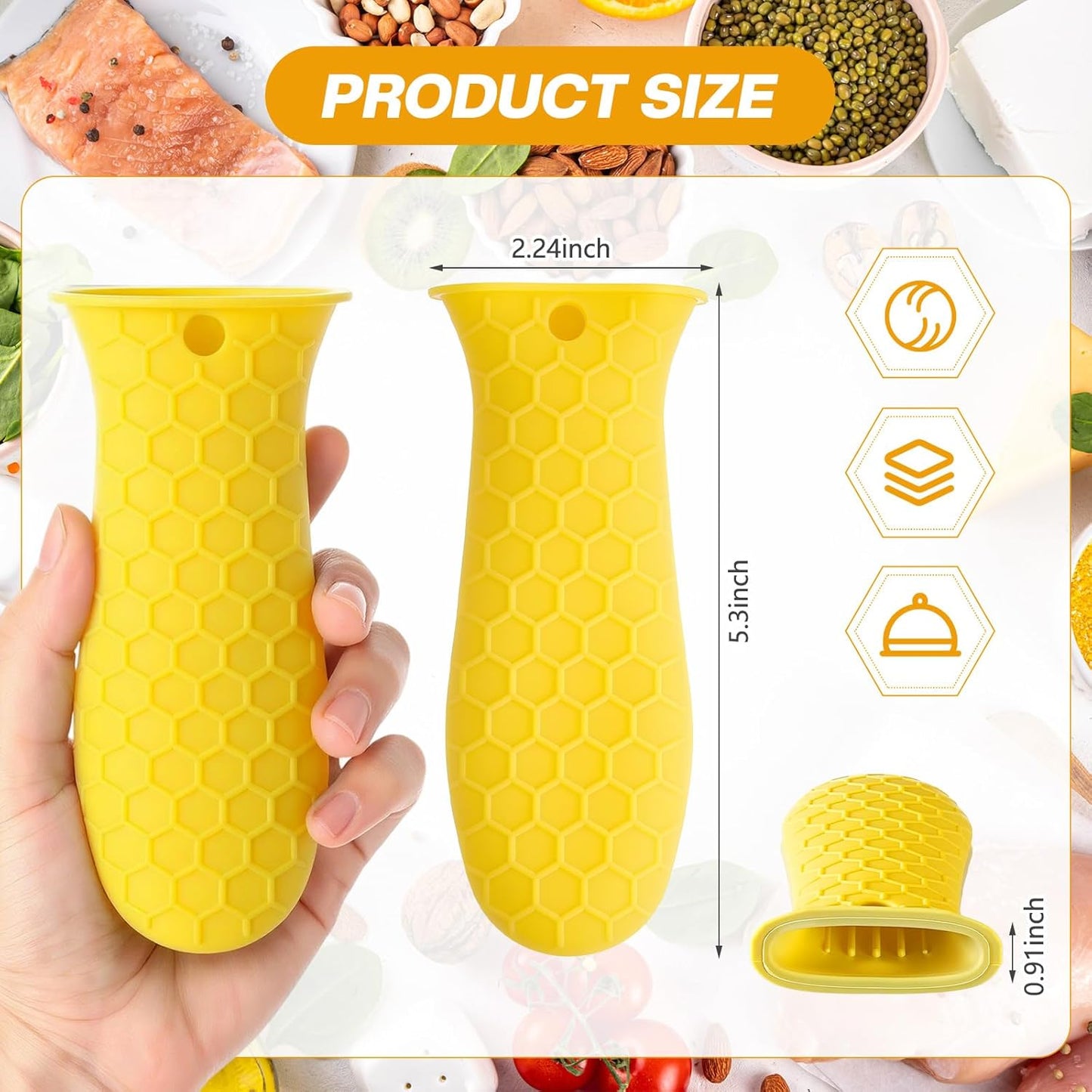 Patelai 2pcs Silicone Handle Cover for Cast Iron Skillet Kitchen Silicone Handles for Pots and Pans Non-Slip Pot Holder Sleeve for Fry Pan Griddles Metal Aluminum Cookware(Yellow)