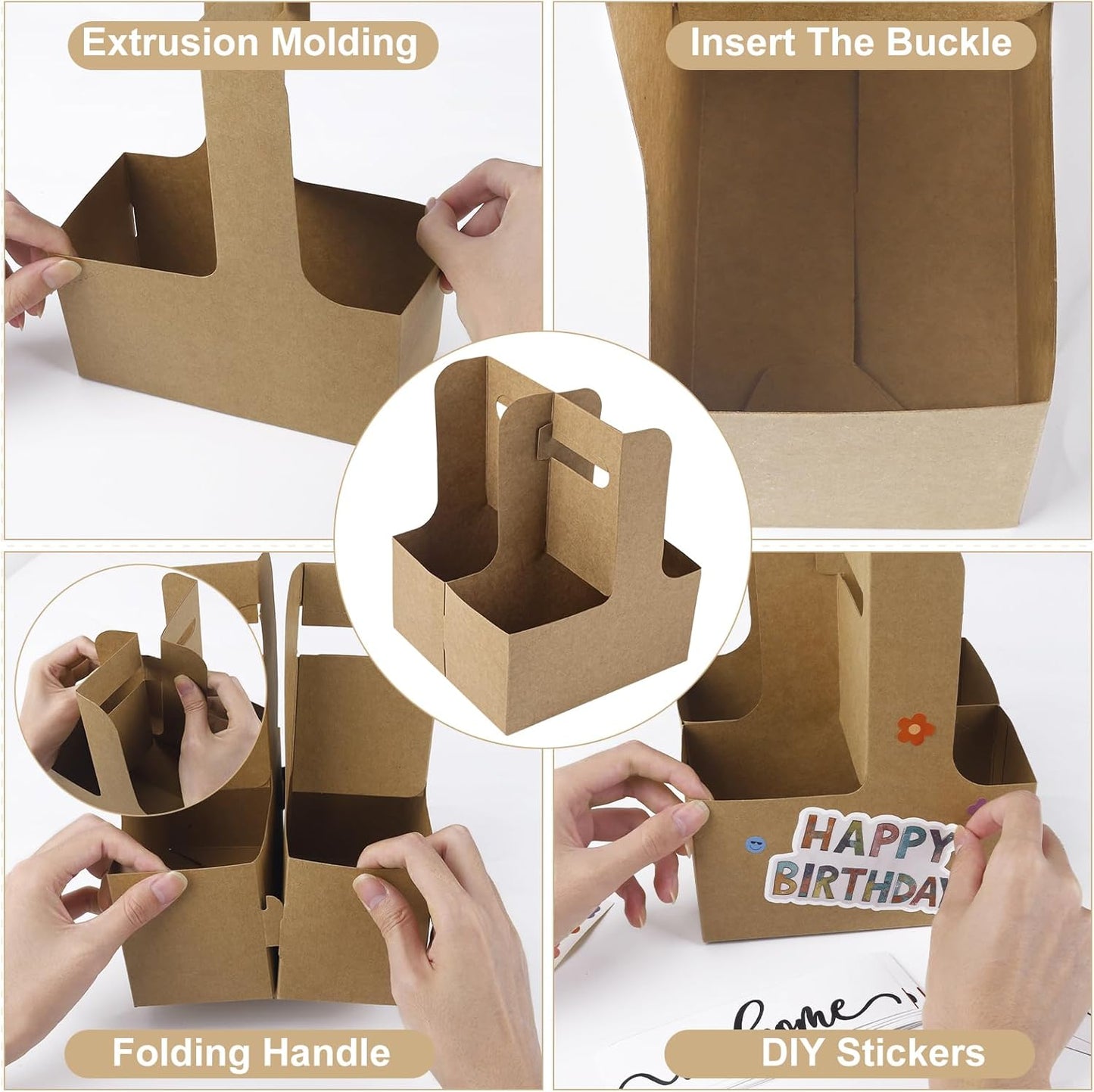 15 Pcs 2 Cup Drink Carrier with Handle, Assemblable Kraft Cardboard Cup Holders with 15 Pcs Happy Birthday Stickers, Disposable Drink Carrier for Drinks Coffee Take Out Cup Carriers Brown