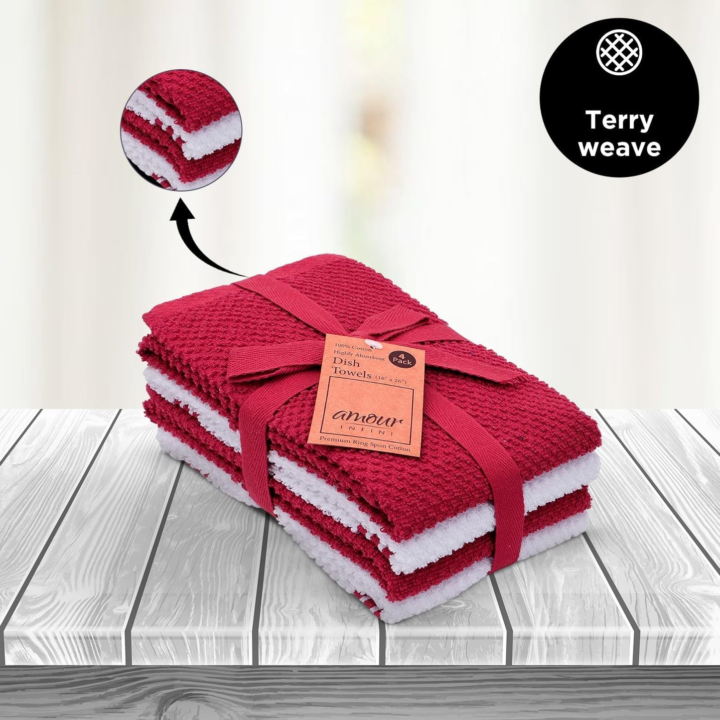 Amour Infini Kitchen Towels Pack of 4 - Absorbent, Quick Drying Premium Cotton Tea Towel - Kitchen Linens 16x28 Inch Dish Towels with Hanging Loop (Red)