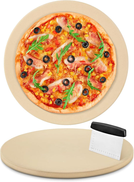 12 Inch Pizza Stone for Oven and Grill, Round Cordierite Baking Stone Thermally Shock Resistant for No More Soggy Pizza, Includes Scraper, Fits Standard Ovens (0.6" Thick)