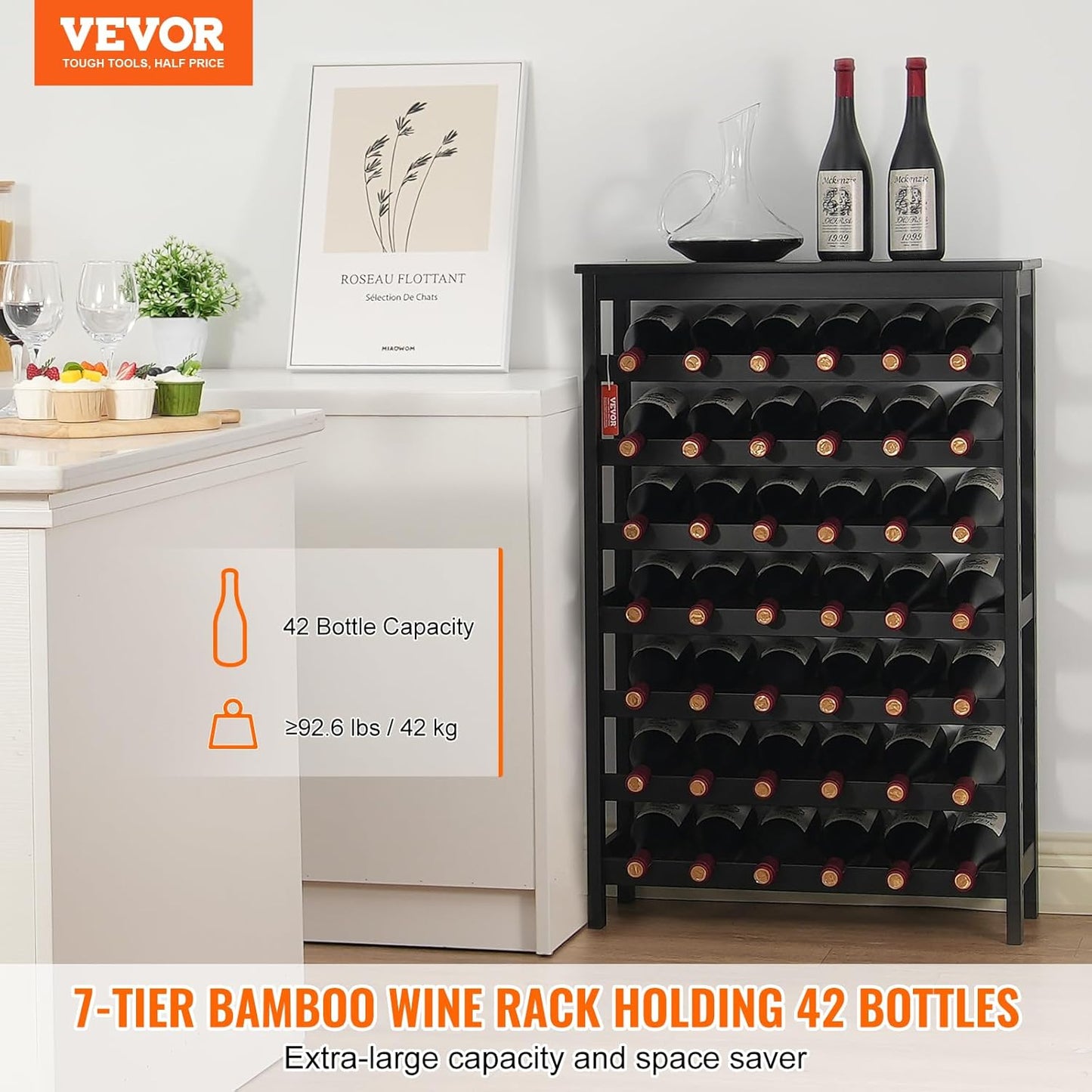 VEVOR 42 Bottle Modular Wine Rack, 7-Tier Solid Bamboo Wood Storage Racks with Table Top, Floor Freestanding Wines Holder Display Shelf, Wobble-Free Shelves for Kitchen, Bar, and Cellar (Black)