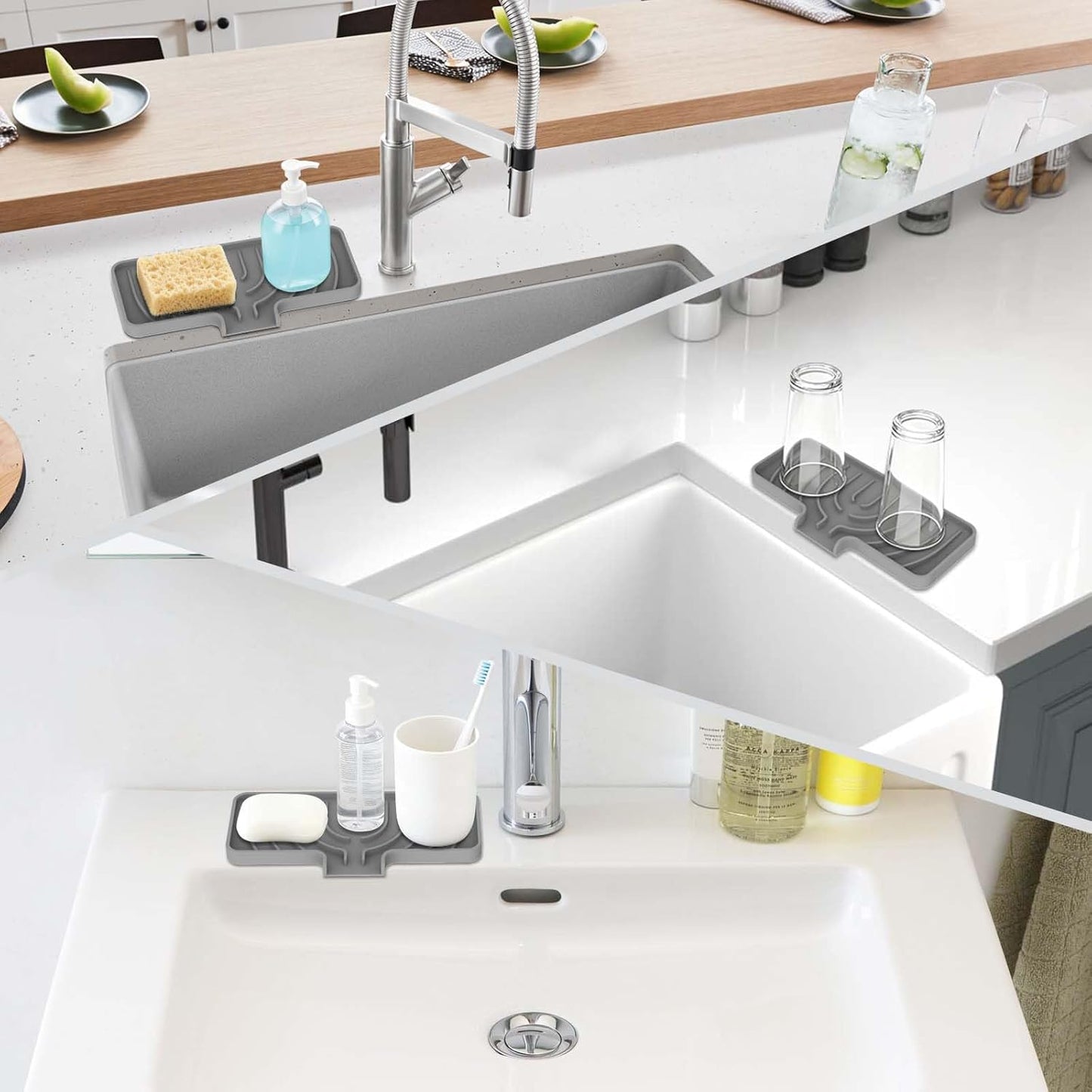 GUUKIN Silicone Sponge Holder, 9.8"×4.9" Sponge Holder for Kitchen Sink, Soap Tray with Drain, Dish Soap Mat for Shower Bathroom（Grey）