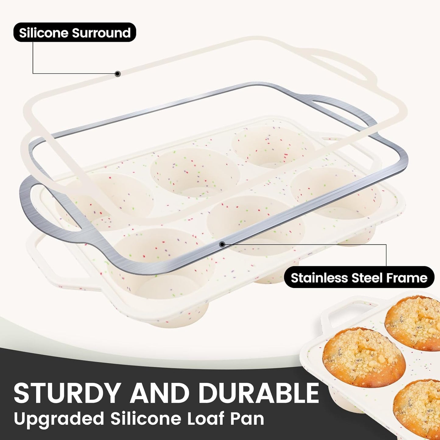 Vinino Jumbo Muffin Pan with Metal Reinforced Frame-2Pack, Silicone Cupcake Pan for Baking 6 Cup Jumbo Size, BPA Free Silicone Muffin Tray, Cupcake Baking Pan Molds for Oven Dishwasher Safe-Cream