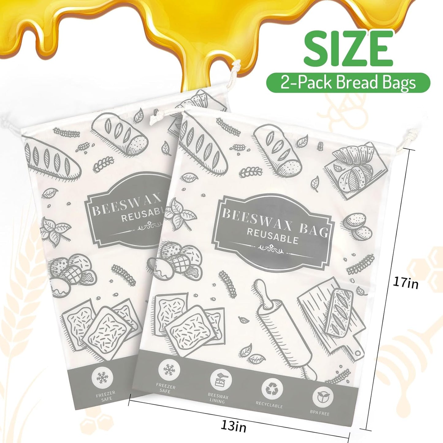 2-Pack Beeswax Bread Bags for Homemade Bread, Grey Reusable Sourdough Storage Bags with Premium Beeswax Coating for Loafs Baguette Fresh Keeping,Great Homesteading Essentials and Baking Gifts.