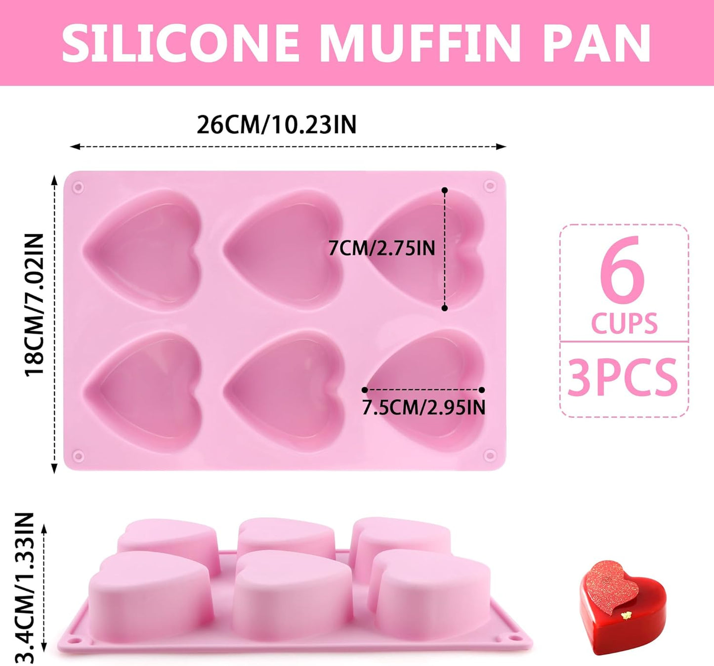 3-Pack 6-Cup Silicone Muffin Pans, Nonstick Cupcake Baking Molds, BPA/PFA-Free, Dishwasher & Oven Safe Heart-shaped Pink