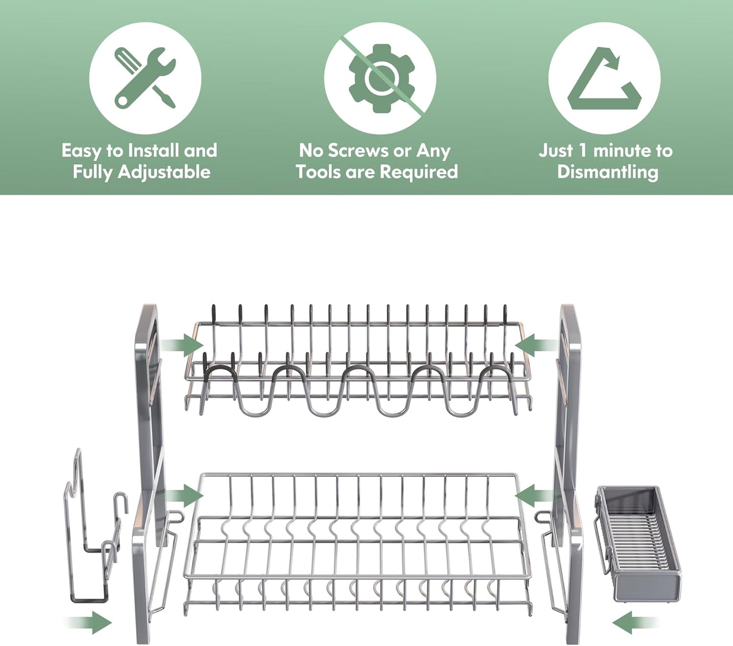 2 Tier Dish Drainers Drying Rack for Kitchen Counter Large Stainless Steel Dishes Drain with Drainboard, Space Saving, Big Modern Silver Countertop Metal Plates Dryer Strainer Holder and Extra Tray