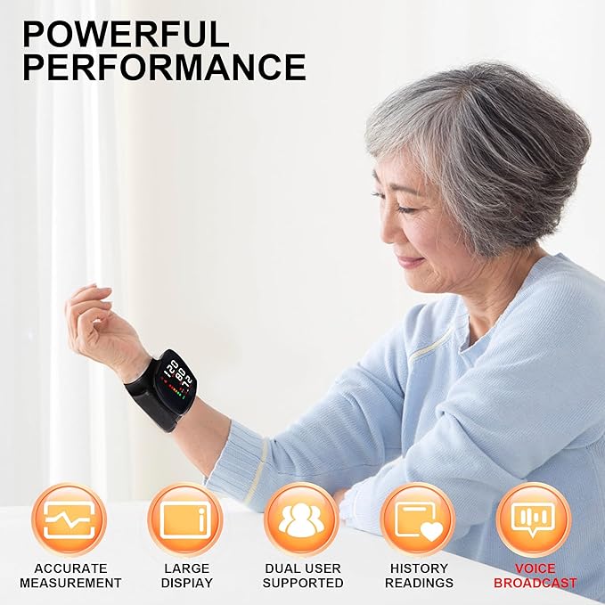 Rechargeable Wrist Blood Pressure Monitor with Voice Broadcast, Dual User Blood Pressure Cuff Wrist with USB-C Charging Cable, 2X 99 Memories & Carry Case