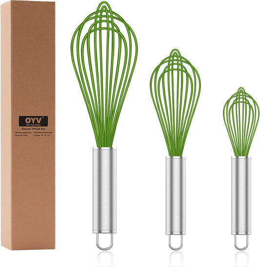 Silicone Whisk,Professional Whisks For Cooking Non Scratch,Stainless Steel & Silicone Wisk,Plastic Rubber Whisk Tool For Nonstick Cookware Pans,Silicon Wisks Set of 3,Green.