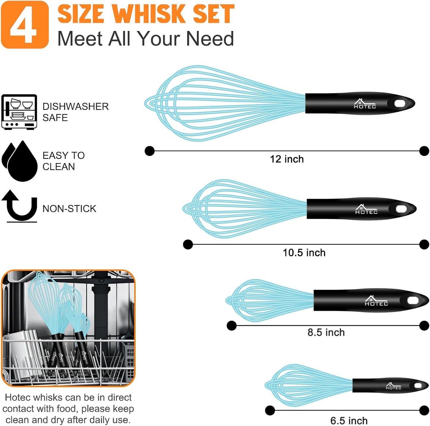 HOTEC 4 Pieces Silicone Whisks Set, Wire Balloon Whisks Egg Beater, Non-slip Handle Whisk for Non-stick Cookware Perfect for Cooking, Stirring, Beating and Blending (Blue)
