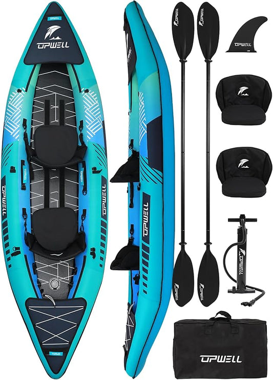 UPWELL 11'/14'6”Inflatable Kayak with Drop Stitch Floor and Accessories Including Kayak Seat with Thickened Cushion, Paddle, Fin, Repair Kits, Carry Bag and Hand Pump