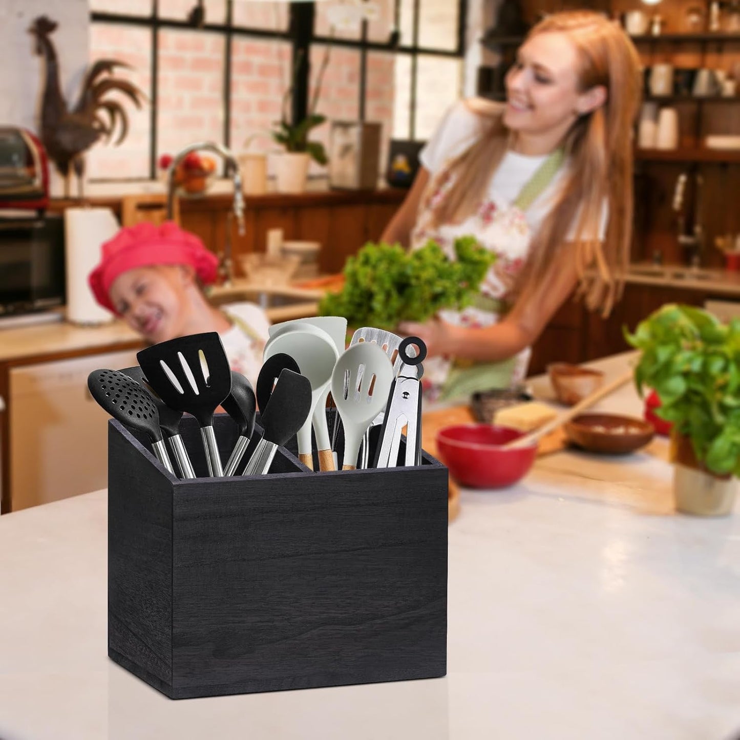 Wooden Kitchen Utensil Caddy With 2 Compartments, Rustic Utensil Holder for Kitchen Countertop, Wood Utensil Crock Organizer Box for Farmhouse Kitchen Decor (black)