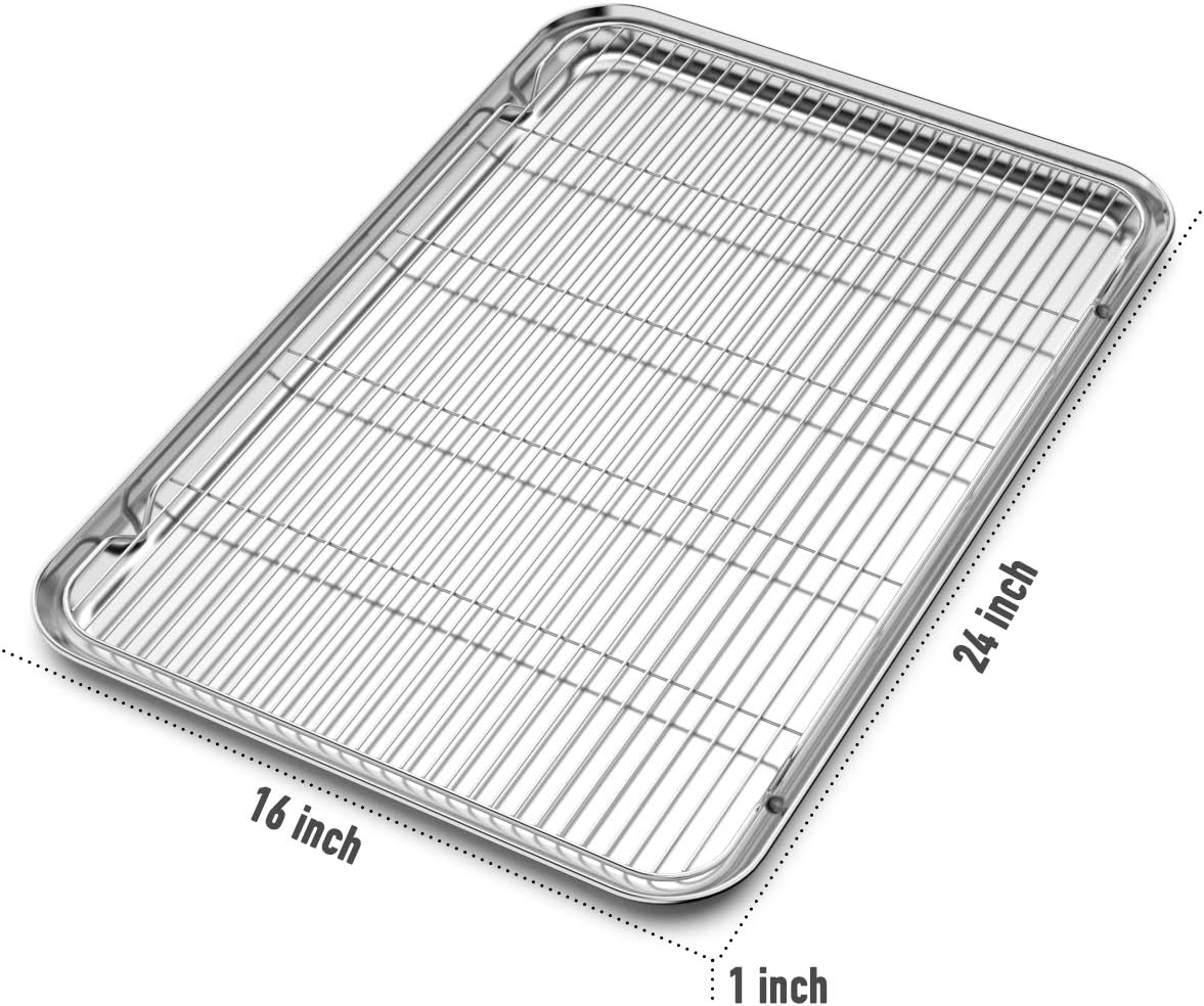 Large Set Baking Sheet and Cooling Rack Set, Bastwe 24L x 16W x 1H inch Professional Bakeware, Healthy & Nontoxic & Rustproof & Easy Clean