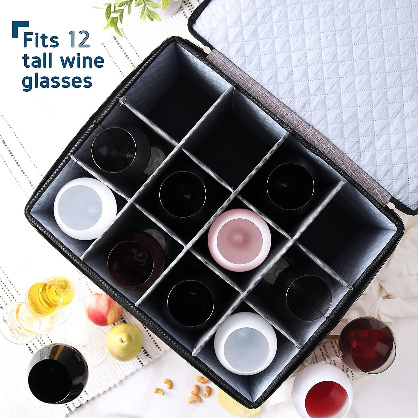 Wine Glass Storage Box with Dividers, Quilted and Stackable Stemware Storage Cases, Service of 12 Glassware Storage Containers, China Storage Containers Hard Shell for Moving and Seasonal Storage