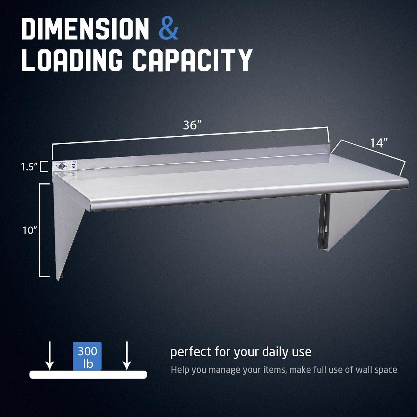 Profeeshaw NSF Stainless Steel Shelf 14” x 36”, 300 lb Commercial Shelves Wall Mounted Metal Shelving with Backsplash and 2 Brackets for Restaurant, Bar, Utility Room, Kitchen and Garage