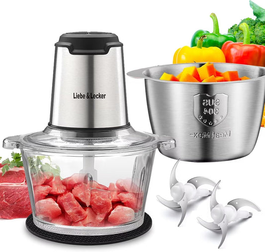Liebe&Lecker Food Processor, Meat Grinder with 2 Bowls 8 Cup and 8 Cup, Food Chopper Electric Vegetable Chopper with 4 Large Sharp Blades for Fruits, Meat, Vegetables, Baby Food, Nuts, 2 Speed.