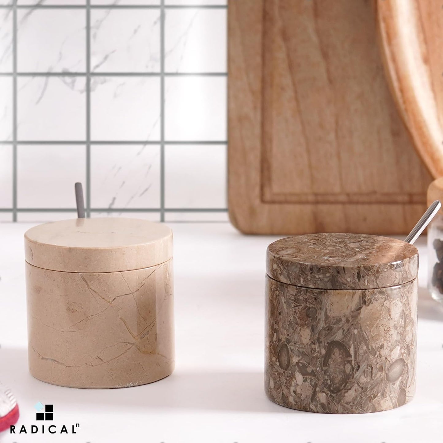 Radicaln Marble Salt Cellar With Lid and Tray 3" Inches Oceanic and Verona Handmade Salt Bowl Set of 2 For Kitchen Storage, Ideal Spice Jar