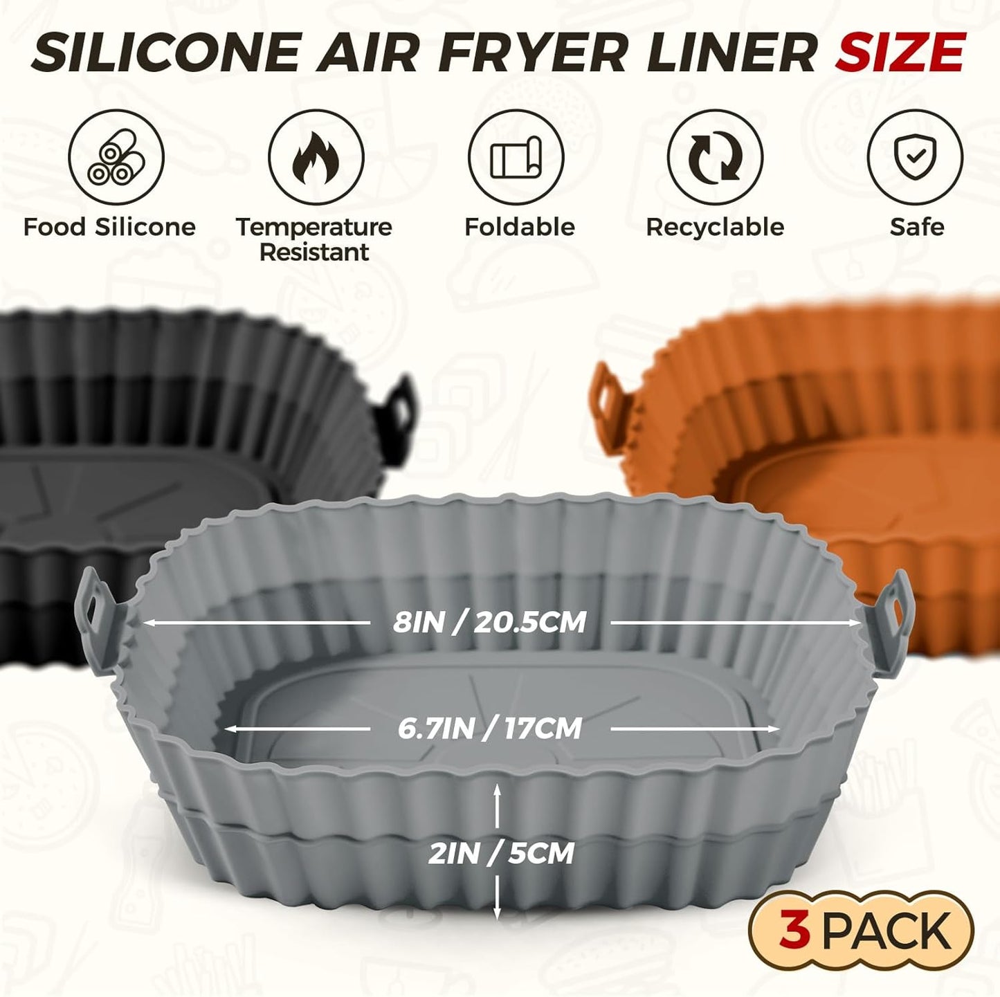 Buauty 3 Pack Air Fryer Silicone Liners 8inch Air Fryer Silicone Pot Reusable Food Grade Silicone Airfryer Liners Baking Basket Accessories Replacement of Flammable Disposable Parchment Paper
