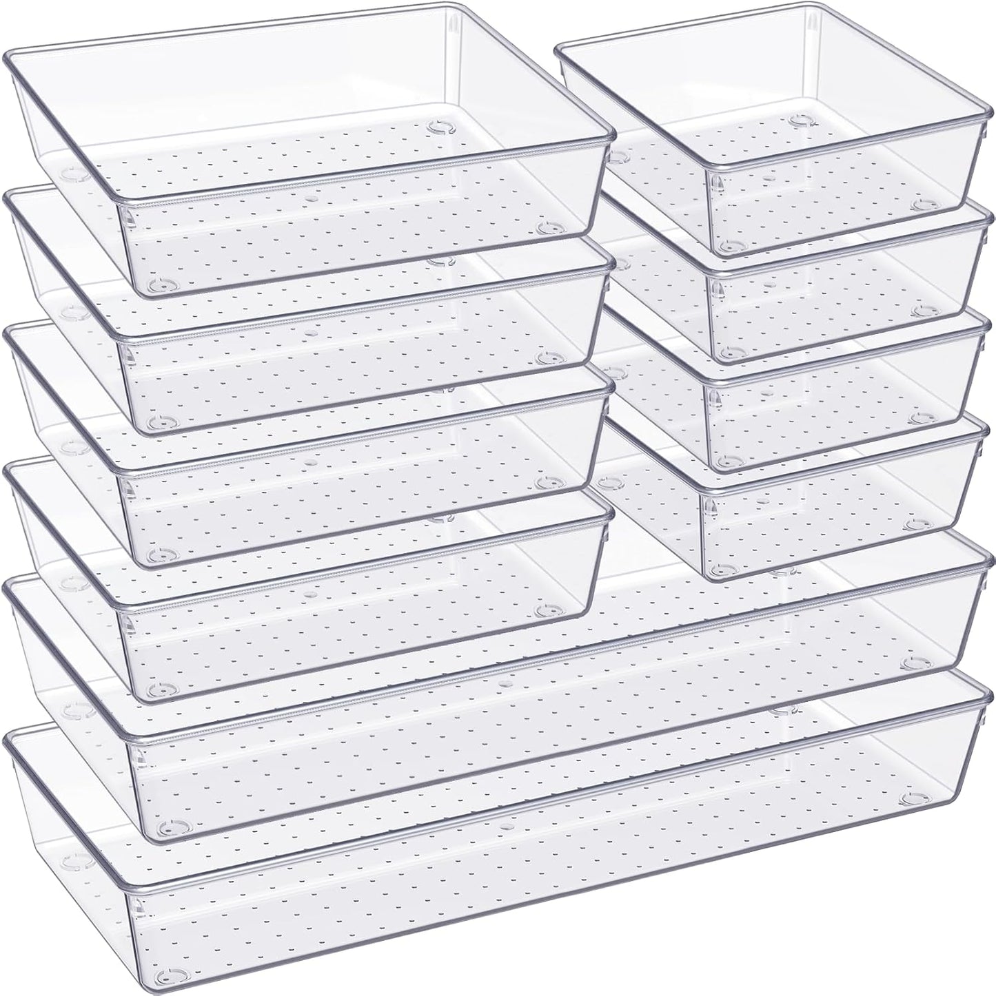 Criusia Drawer Organizer, 10 Pack Large Clear Plast Set, 3 Size Versatile Bathroom and Vanity Organizer Trays, Storage Bins for Makeup, Bedroom, Kitchen Utensils