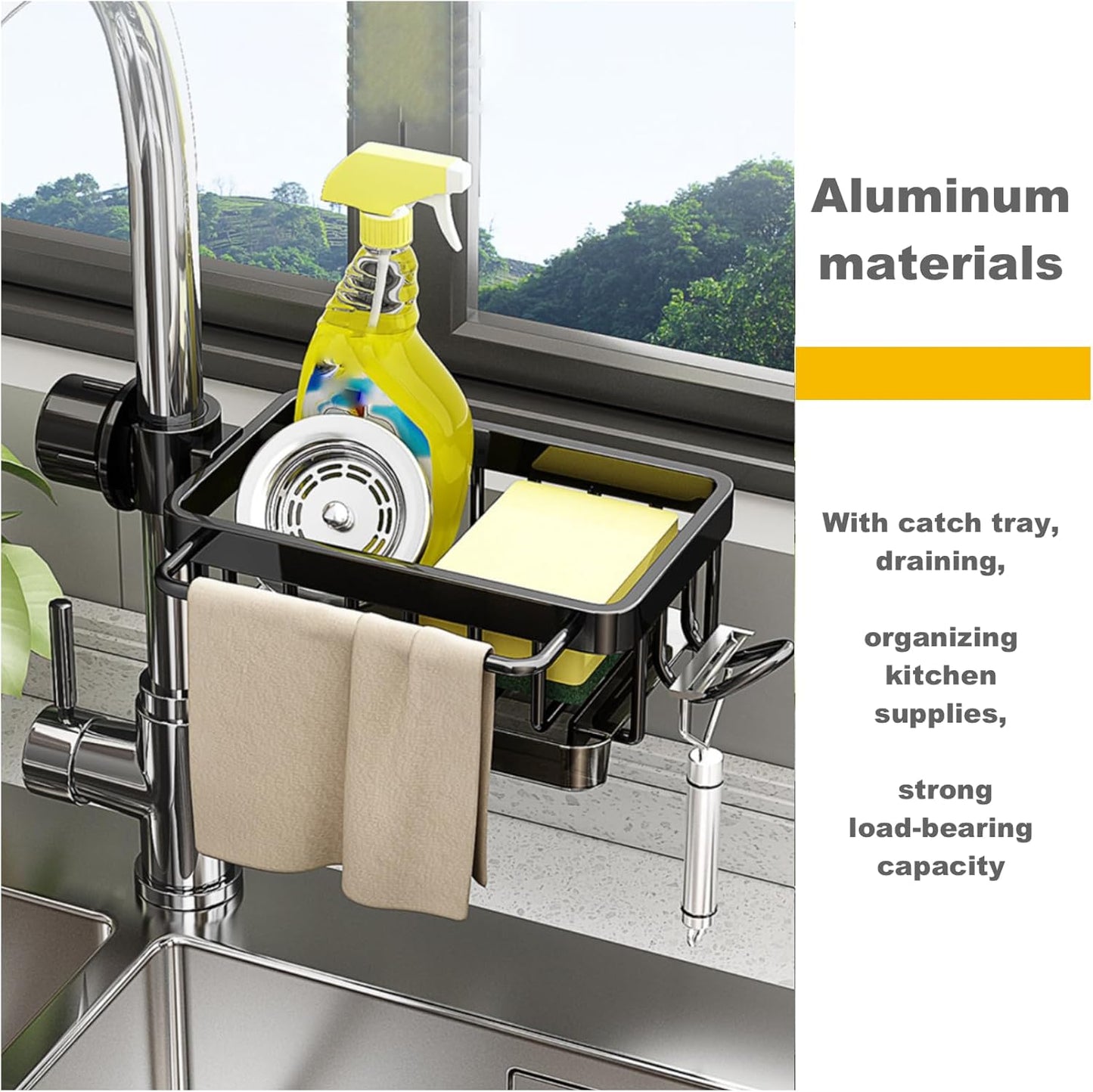 Sink Organizer Rack for Kitchen and Bathroom, 2024 New Stainless Steel Detachable Hanging Faucet Drain Rack with Drip Tray Faucet Sponge Holder for Bathroom (Black, Right)