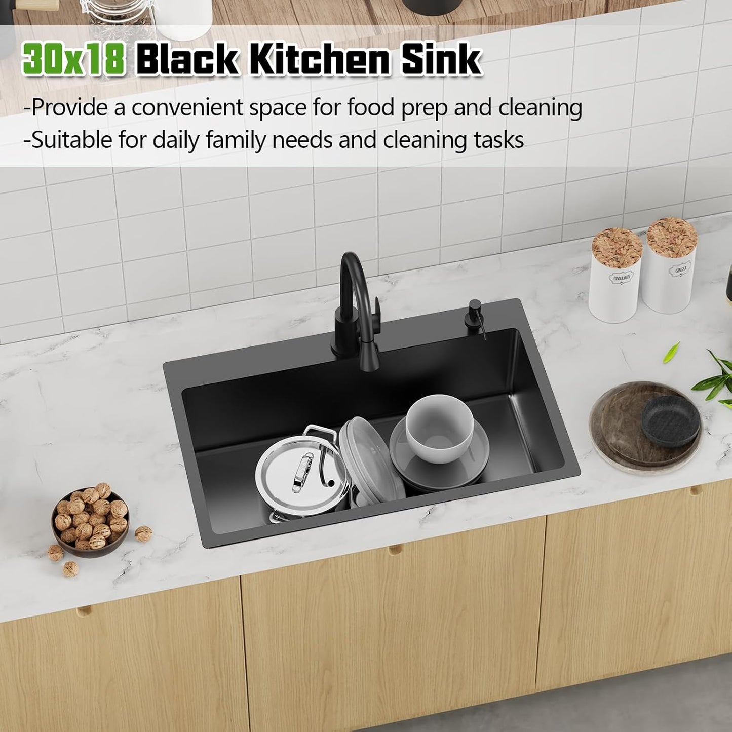 Black 30x18 In Drop In Kitchen Sink-Stainless Steel Topmount Modern Single Bowl Kitchen Sink Come With Silicon Mat,Drain Strainer Set Offer Large Basin And Compatibility With Various Kitchen&Bar Style