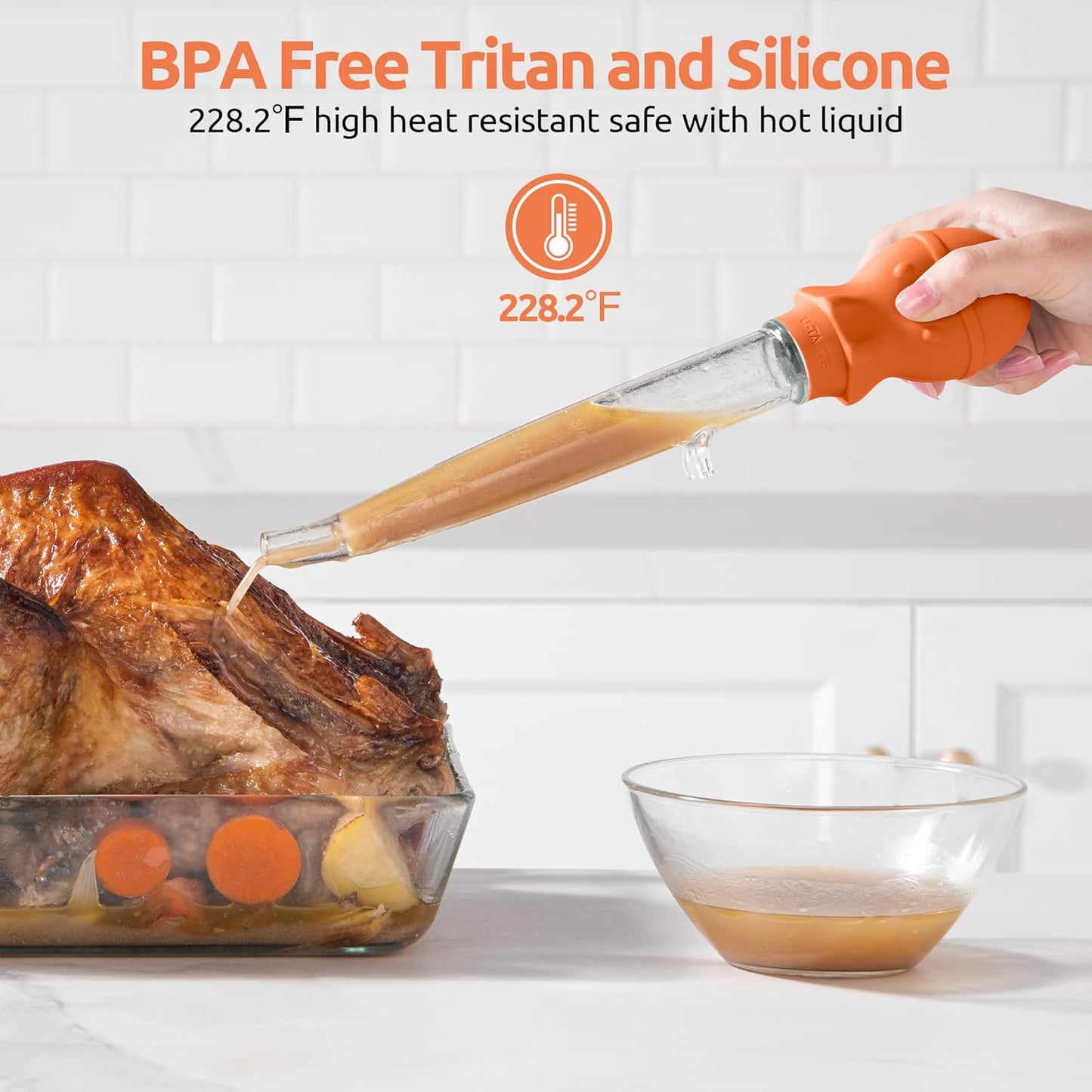 U-Taste 1.5oz Angled Turkey Baster - 228.2ºF Heat Resistant Food Grade Tritan and Silicone Large Octopus Bulb Baster Set with Cleaning Brush for Cooking Basting Meat Poultry Beef Chicken (Orange)