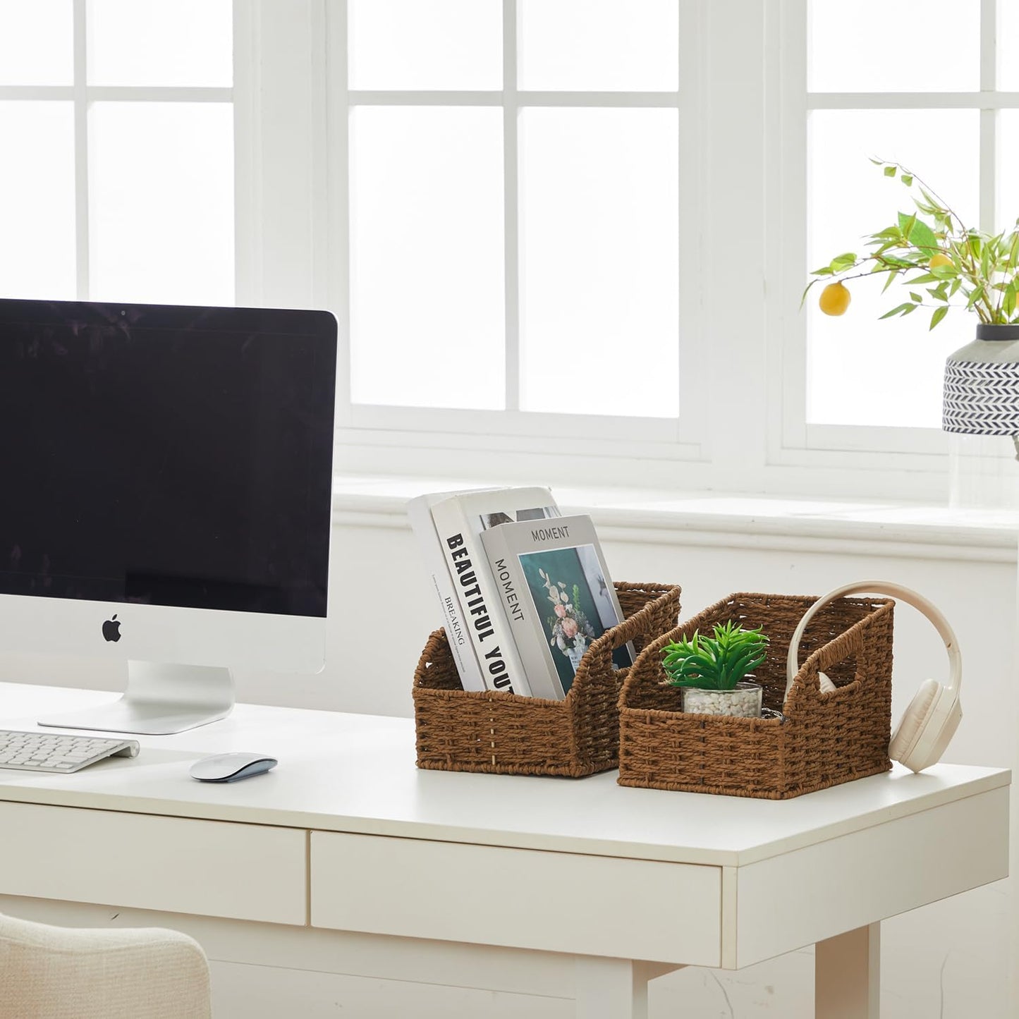 Wicker Baskets for Organizing,Pantry, Kitchen Counter with Handles, Handwoven Wicker Storage Baskets for Fruit, Bread, Vegetable, Boho Decoration, Paper Storage Bins for Shelves, 3 Pack, Brown