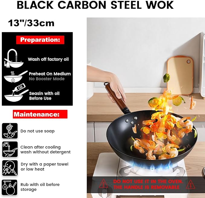 Carbon Steel Wok, 13-Inch Chinese Round Bottom Wok with lid, Woks & Stir-Fry Pans Nonstick for Induction, Electric, Gas Stoves