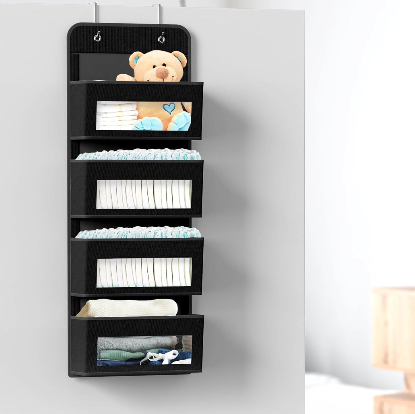 Simple Houseware 4 Clear Window Pocket Over Closet Door Storage Hanging Organizer for Bedroom, Bathroom, Pantry, Black