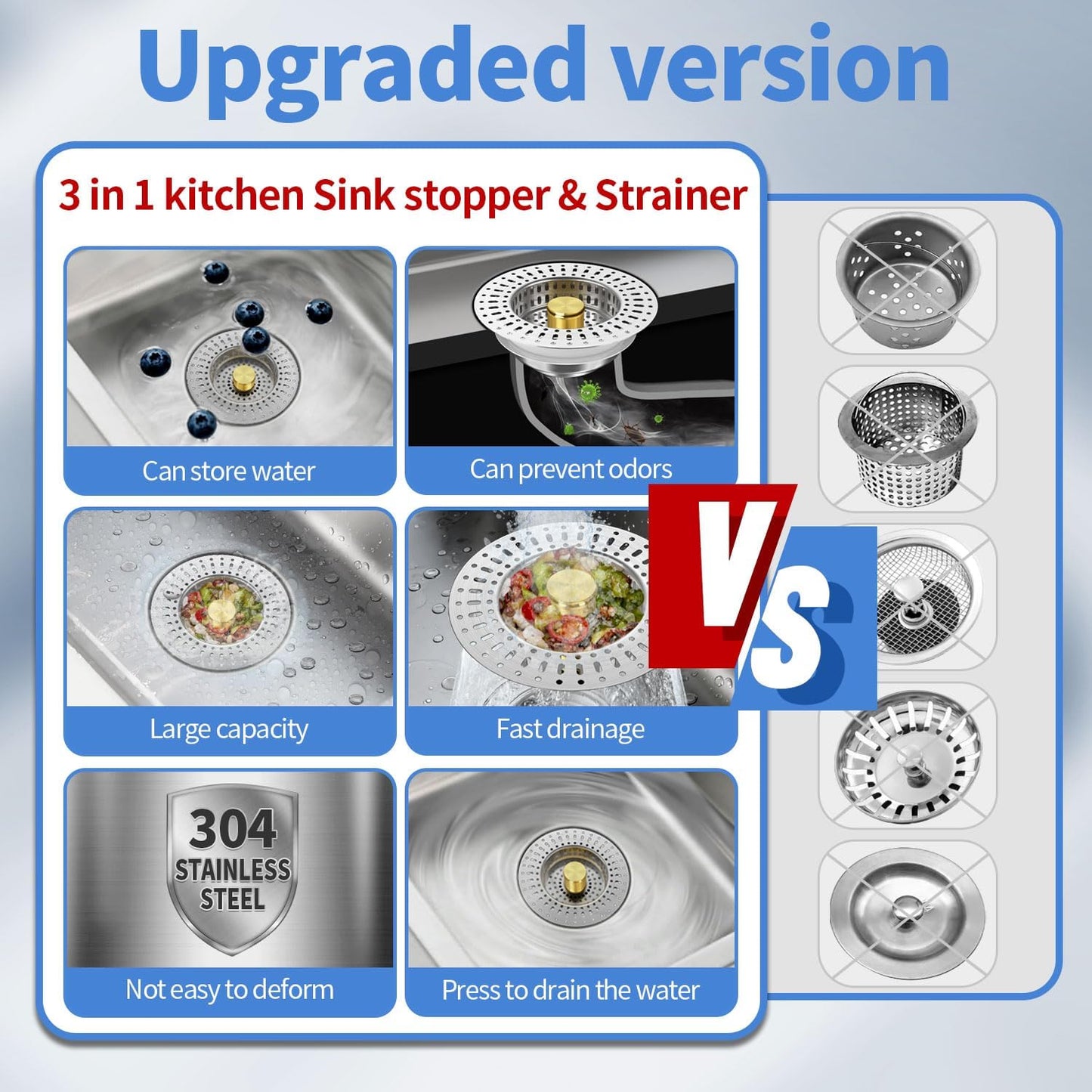 Upgraded 3 in 1 Kitchen Sink Drain Strainer - Stainless Steel Sink Stopper, Anti-Clogging Sink Food Catcher Basket, Fast Drainage Odor Filter Sink Plug(golden-2pcs)