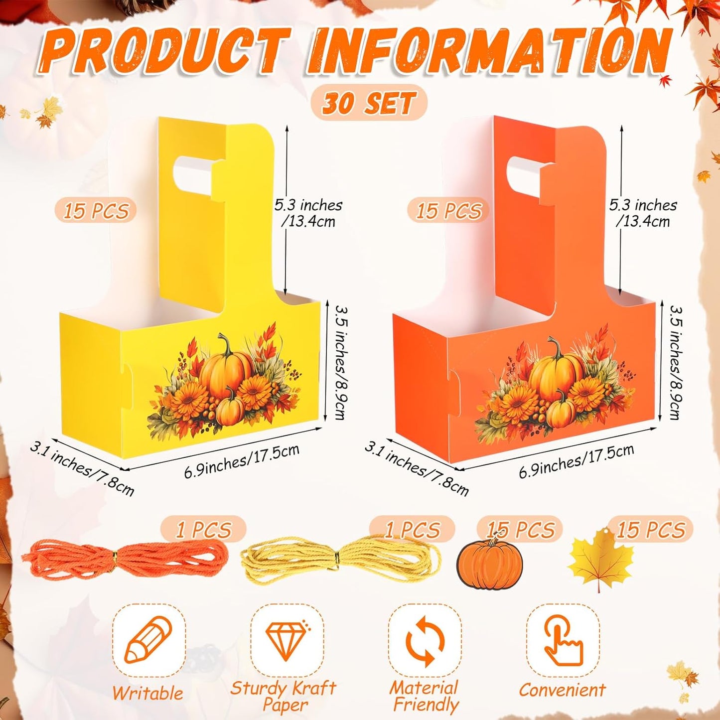 TaoBary 30 Set Fall 2 Cup Drink Carrier with Handle Portable Foldable Tray Drink Holder Yellow Orange Disposable Cardboard Coffee Cup Holder with Pumpkin Maple Leaf Tag, Thanksgiving Fall Gifts