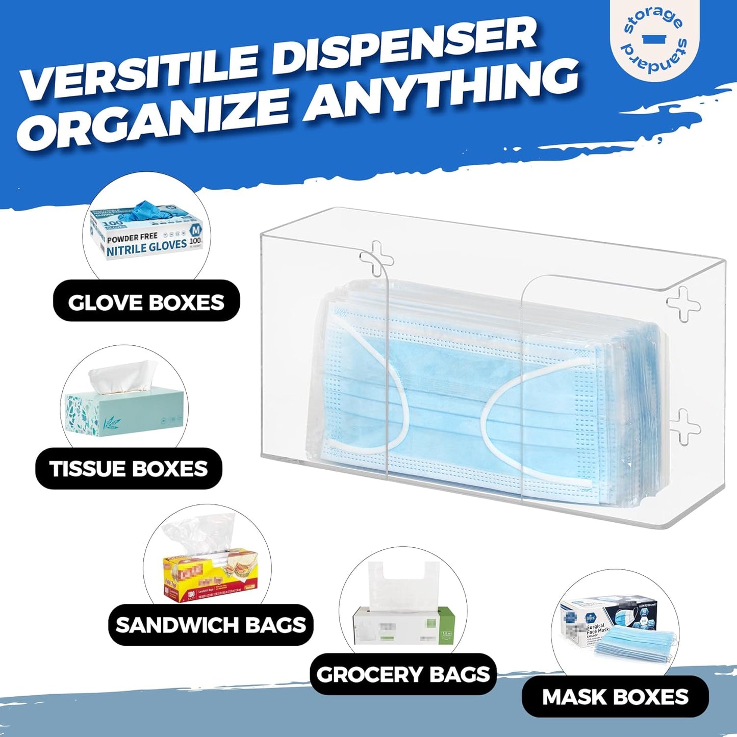 Storage Standard Glove Box Holder Dispenser - Kitchen, Medical, & Latex Gloves Holder Wall Mount or Countertop, Universal Fit - Thick Acrylic, Easy to Use, Slide, & Load Open Top Design - Clear