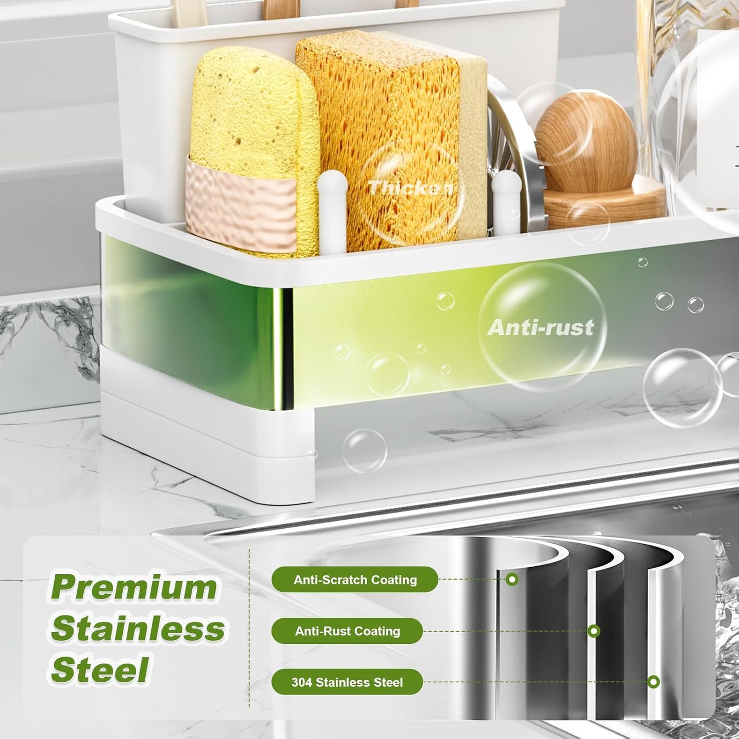 Stainless Steel Sink Caddy, Sponge Holder for Kitchen Sink with Brush Holder & Dishcloth Rack, Rustproof Organizer Countertop, Soap Dispenser Kitchen Organizers Storage Essentials, White
