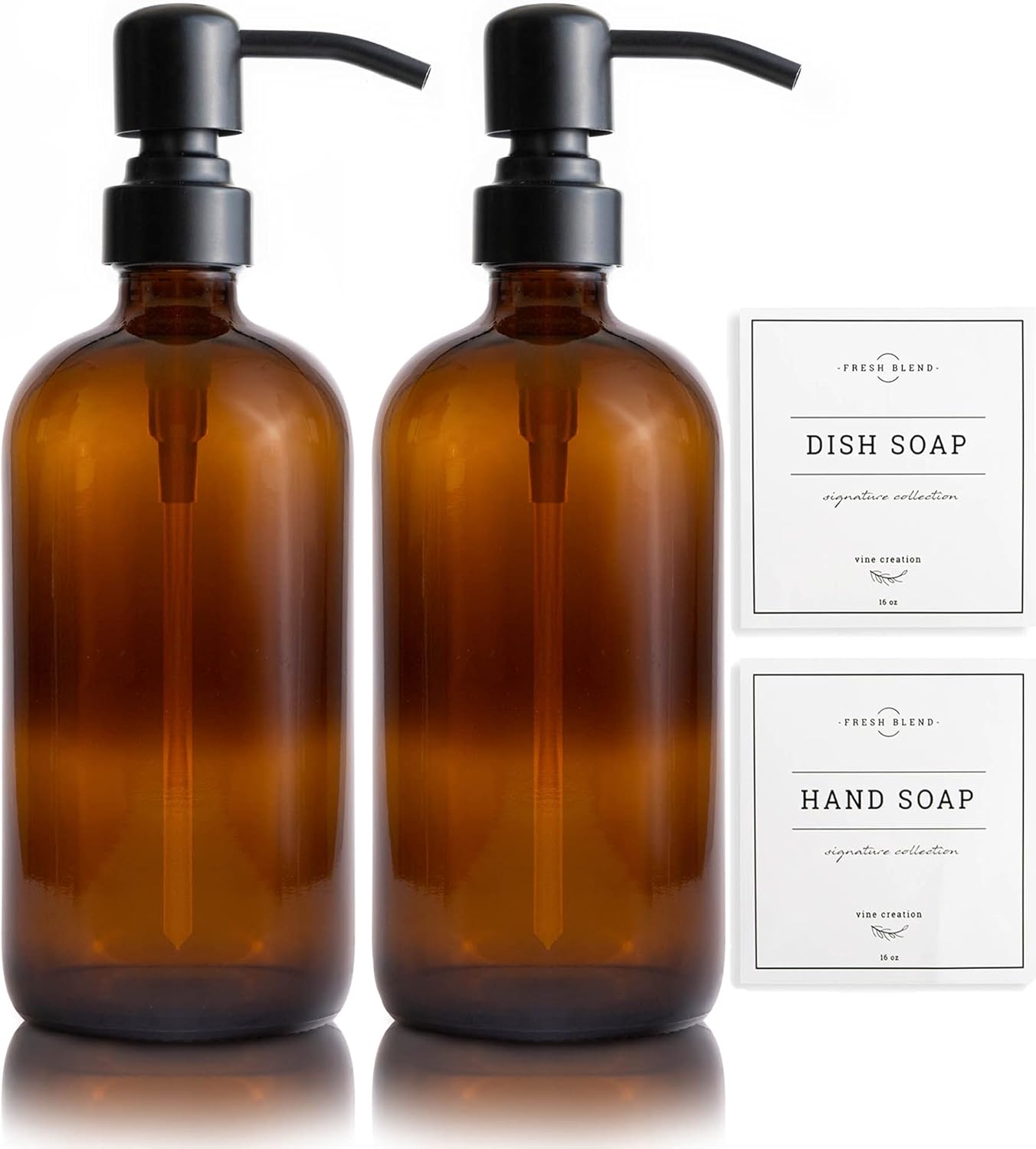 Vine Creations Amber Glass Soap Dispenser, 2 Pack Kitchen Soap Dispenser Set with Stainless Steel Pump, 16 oz Dish Soap and Hand Soap Dispensers for Bathroom with Waterproof Labels
