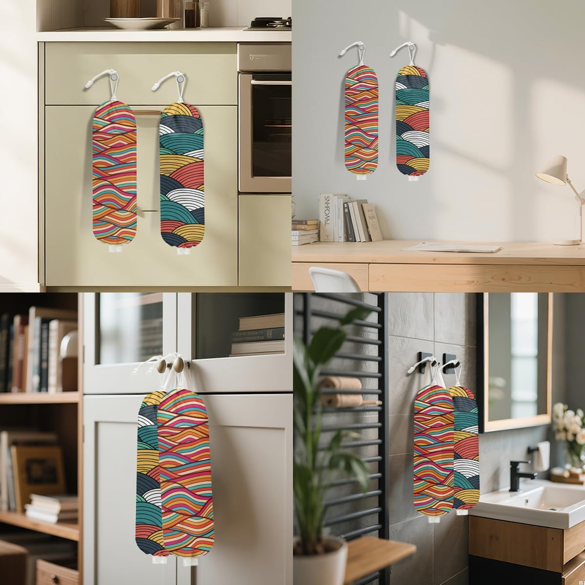 2Pcs Abstract Wave Seamless Pattern Plastic Bag Holder, Wall Mount Grocery Bag Holder for Plastic Bags, Colorful Wavy Print Reusable Grocery Bags Storage Dispenser, Farmhouse Home Kitchen Decor