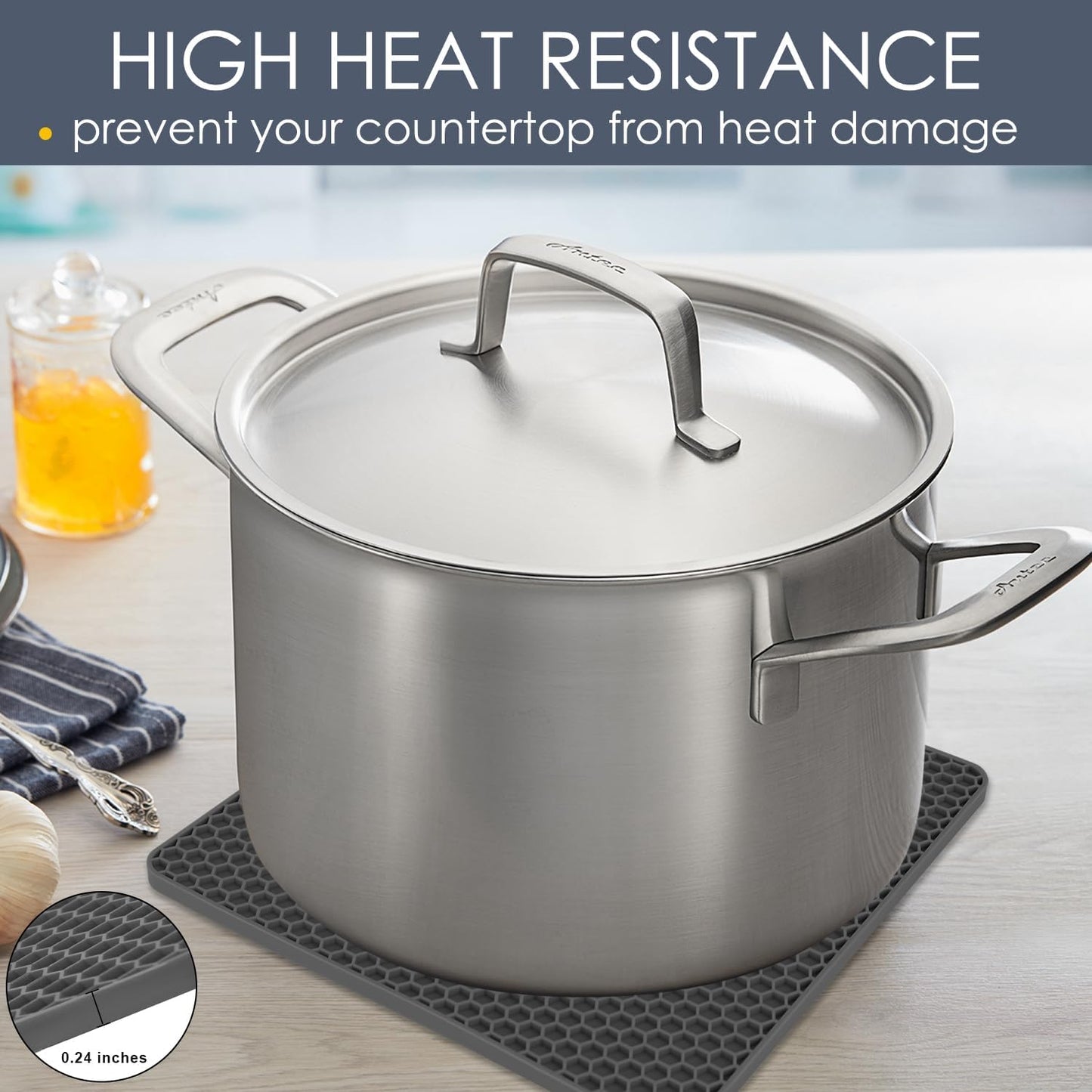 Silicone Trivets for Hot Pots and Pans, Multi-Purpose Trivet Mat for Hot Dishes Set of 4, Heat Resistant Durable Flexible Silicone Pot Mat for Countertop, Easy to Wash and Dry, Dark Gray, Square