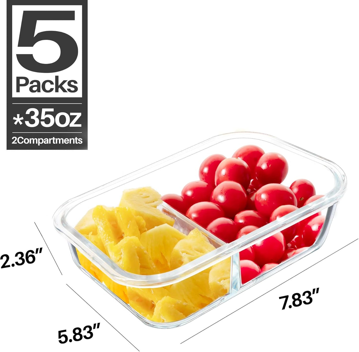 BAYZZ 5 Pack 35 Oz Glass Meal Prep Containers 2 Compartments, Glass Storage Containers with Lids, Airtight Lunch Bento Boxes, BPA-Free, Microwave and Freezer Safe