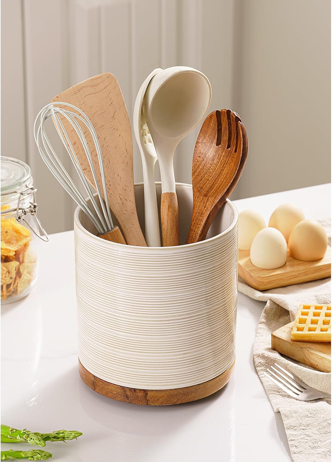 Utensil Holder, 360° Rotating Extra Large Ceramic Kitchen Utensil Holder for Countertop, 7.3“ Cooking Utensil Crocks for Kitchen Counter with Rotatable Wooden Base, Farmhouse Decor, Arctic White