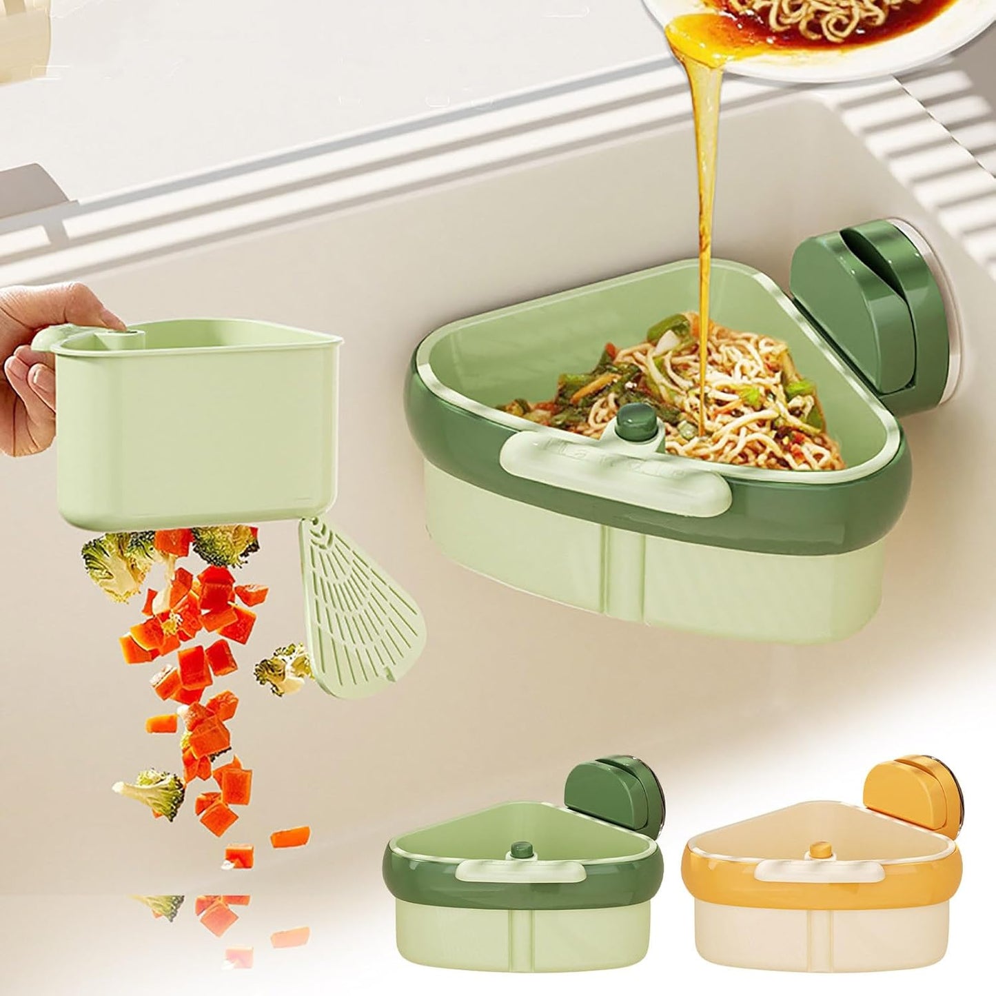 Suction Cup Sink Corner Rack - Triangle Organizer with Drain Hole & Press Automatic Dumping, Food Waste Catcher & Storage Shelf, Rust Resistant No Drilling for Kitchen Bathroom (Green)