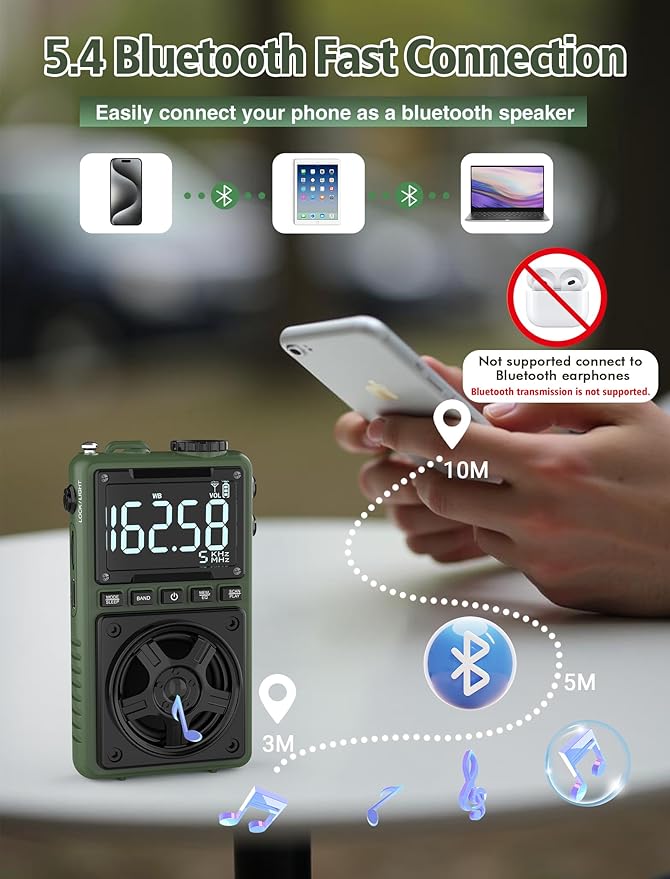Bluetooth AM FM Shortwave Radio with NOAA Weather Alert,1250mAh Rechargeable Portable Pocket Radio with Best Reception,5W Big Speaker, Digital Tuner and Earphone,Support SD Card and USB MP3 Player