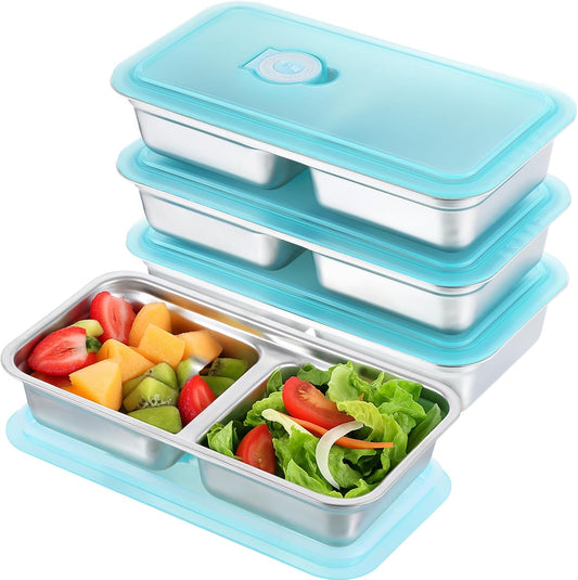 Stainless Steel Snack Containers with Lids, 6 Pcs Double Compartment Lunch Box Reusable Leakproof Condiment Box Dishwasher Safe for Travel Camping and Meal Prep