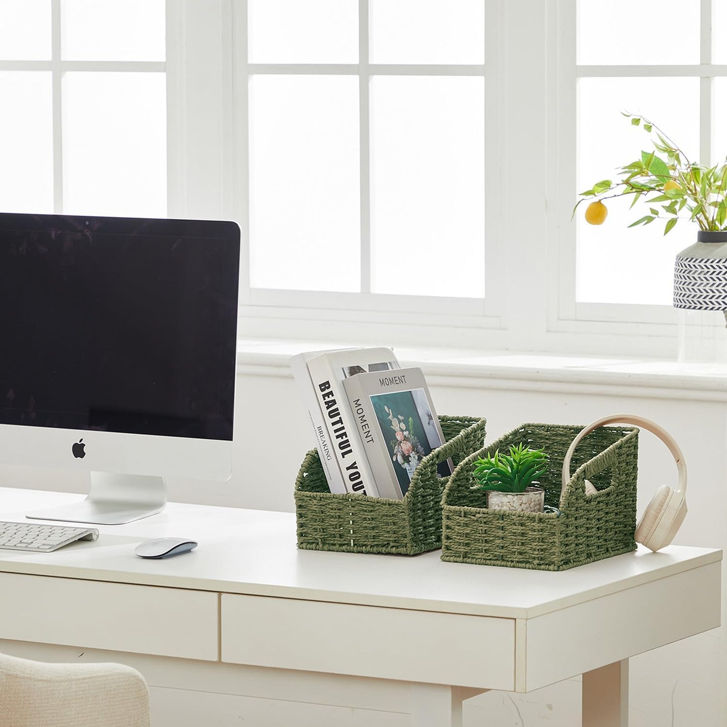 Wicker Baskets for Organizing,Pantry, Kitchen Counter with Handles, Handwoven Woven Storage Baskets for Fruit, Bread, Vegetable, Paper Storage Bins for Shelves, 3 Pack, Green