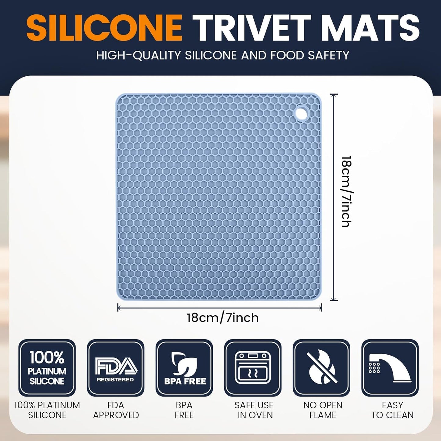 Silicone Trivet Mats 4 Heat Resistant Pot Holders Multipurpose Non-Slip Hot Pads for Kitchen Potholders, Drying mat, Jar Opener, Spoon Holder, Coaster.(Blue)